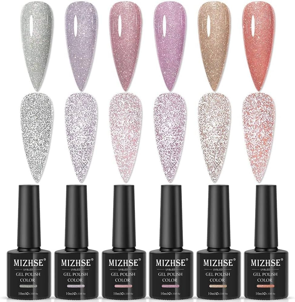 MIZHSE Reflective Base Gel Nail Polish Gel 10ml, 2 In 1 Glitter Shiny Rubber Base Gel Nail Art So... | Amazon (US)