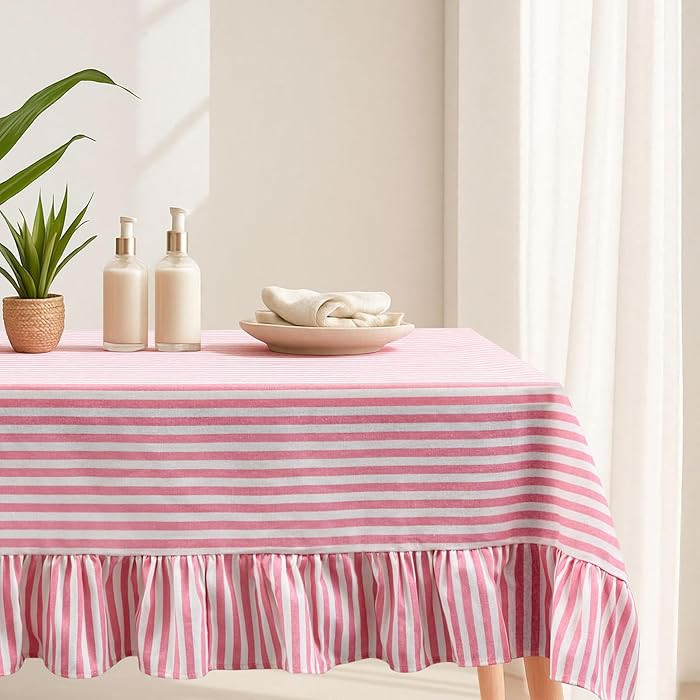Mindsoft Pink Striped Ruffled Tablecloth 60 x 120 Inches Cotton Linen Rectangle Striped Table Clo... | Amazon (US)
