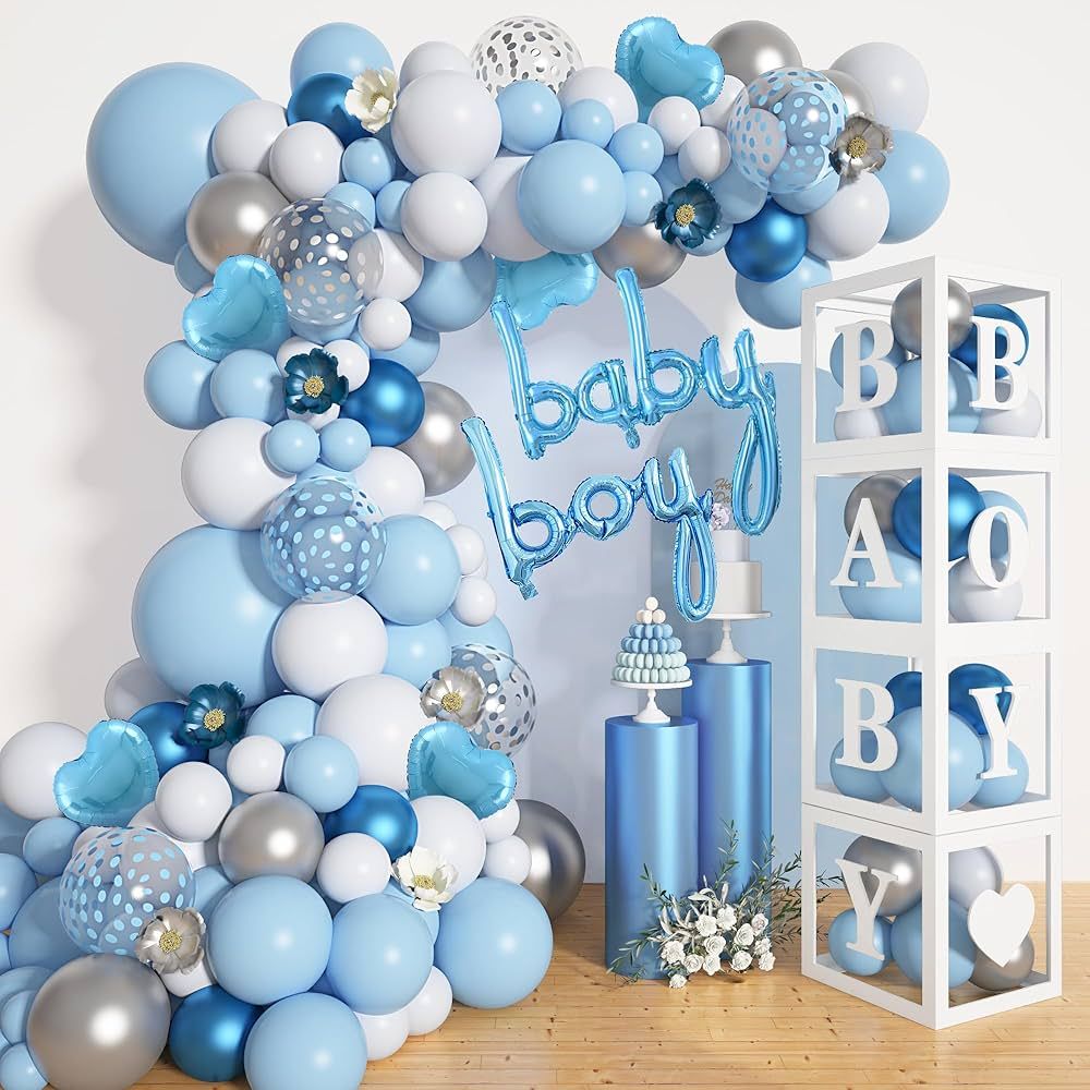 Amandir 137pcs Baby Blue Balloons Baby Shower Decorations for Boy with Baby Boxes, White Blue Bal... | Amazon (US)
