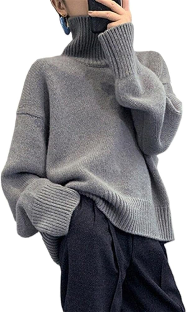 Autumn and Winter Thick Cashmere Sweater Women High Neck Pullover Sweater Warm Loose Knitted Base... | Amazon (US)