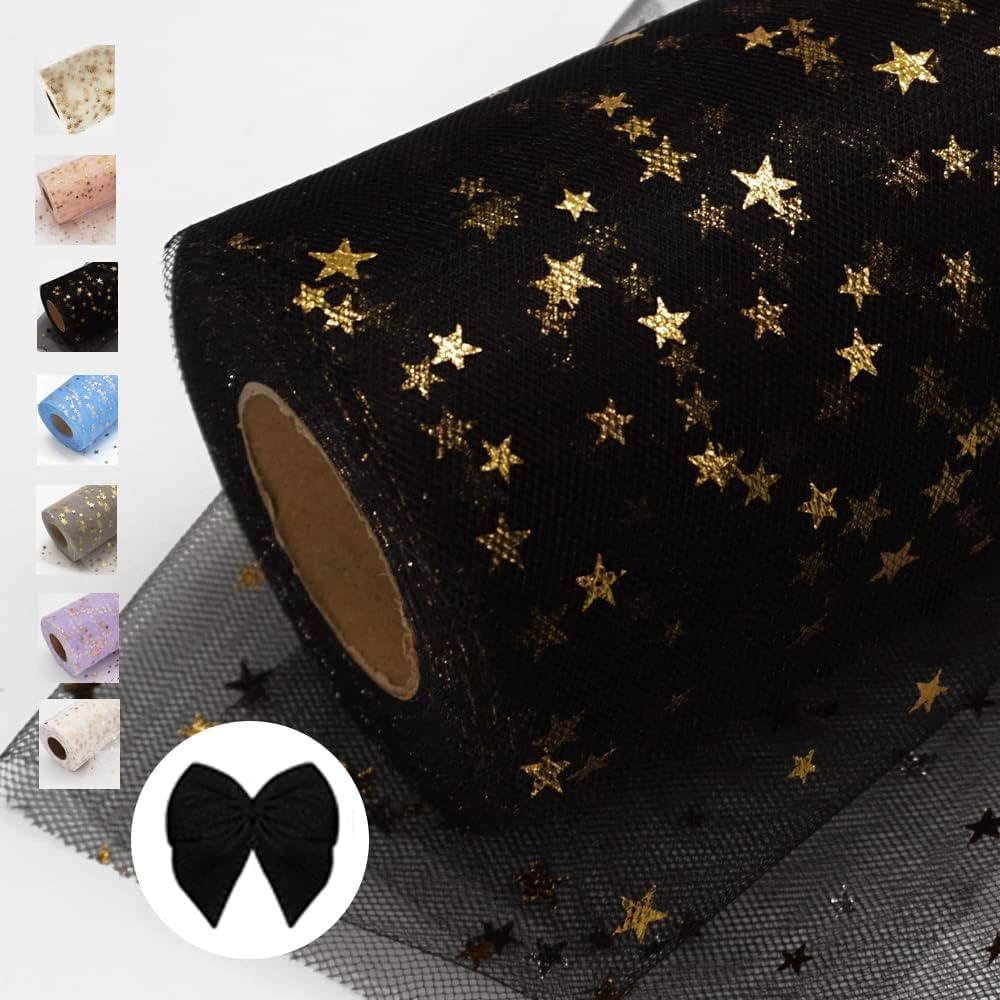 Black Glitter Tulle Rolls with Foil Stars 6 Inch by 50 Yards Sparkle Fabric Ribbon for DIY Tutu S... | Amazon (US)
