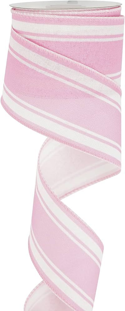 HUIHUANG Pink Stripe Ribbon Pink Burlap Wired Ribbon 2.5 Inch X 10 Yards Pink and White Wire Edge... | Amazon (US)