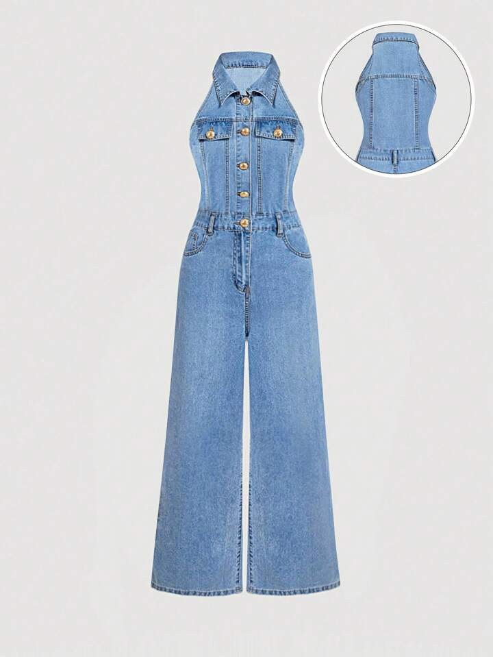 SHEIN MOD Women's Solid Color Front Button Casual Sleeveless Denim Jumpsuit,Jumpsuits For Women E... | SHEIN