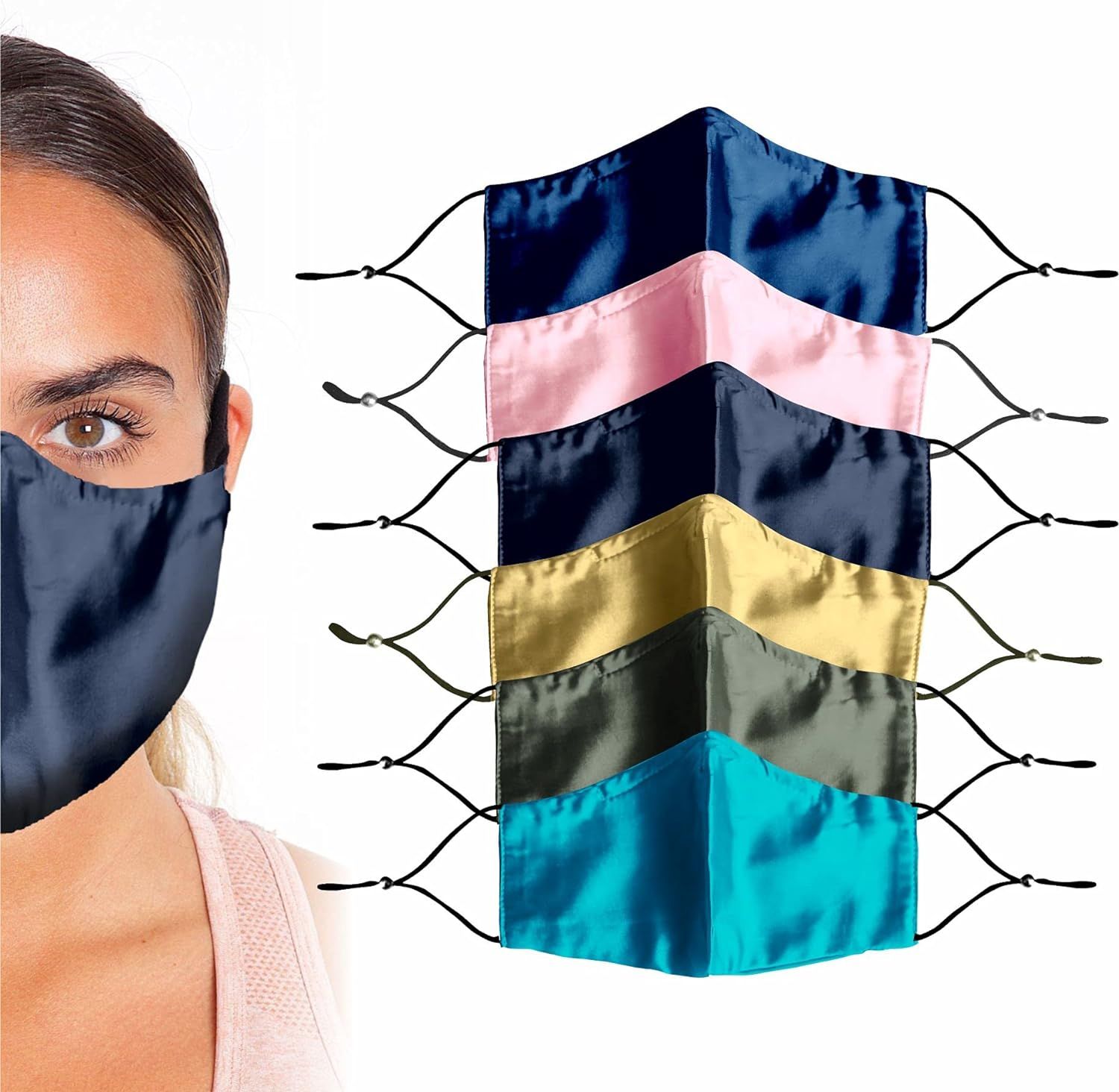 6 Pcs Adjustable Double-Sided Silk Satin Face Masks with Nose Wire. Adjustable straps , Filter Pocke | Amazon (US)
