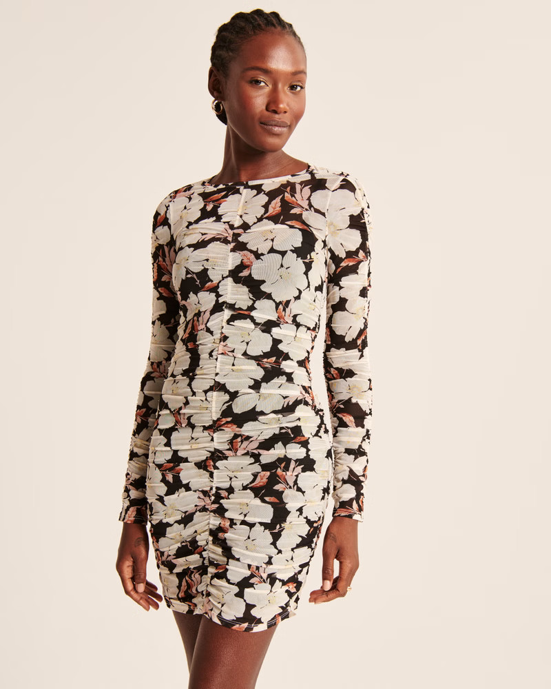 Long-Sleeve Ruched Mesh Mini Dress | Abercrombie & Fitch (US)