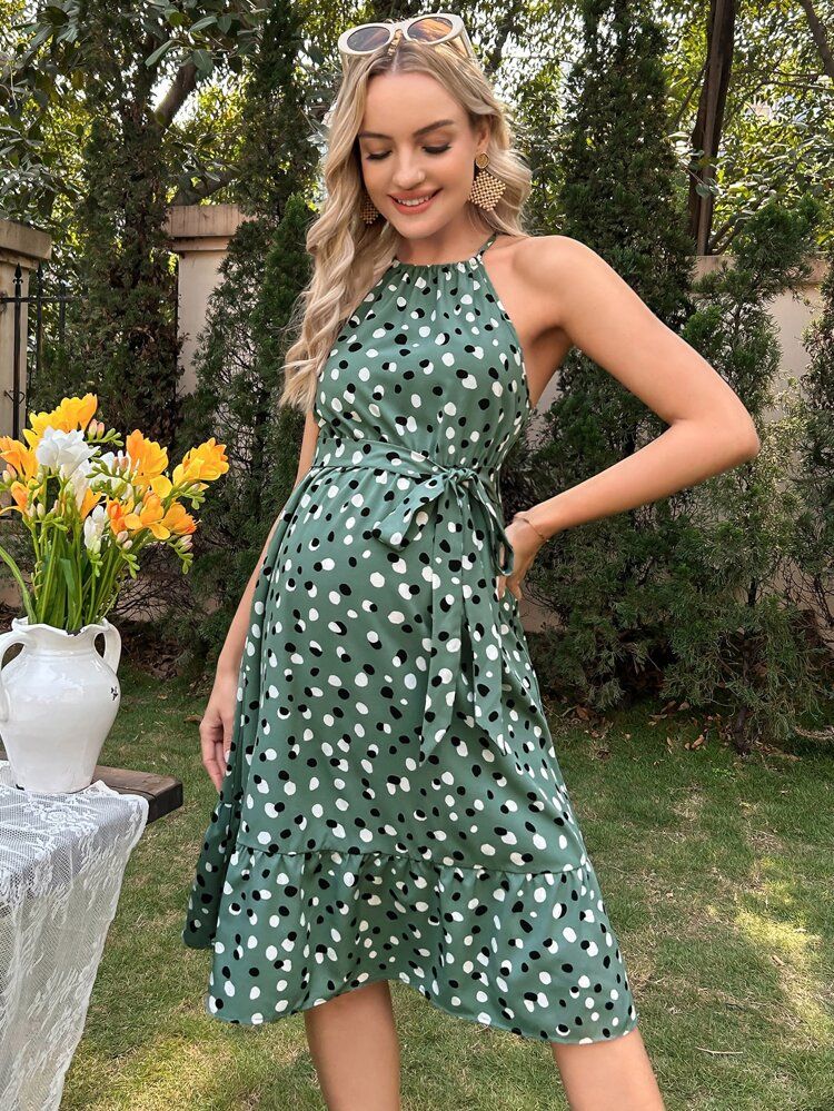 New
     
      SHEIN Maternity Polka Dot Print Belted Halter Dress | SHEIN