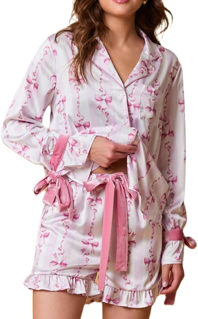 Argeousgor Women Valentine's Day 2 Piece Pajamas Set Bow Tie Button Long Sleeve Shirts Ruffle Sho... | Amazon (US)