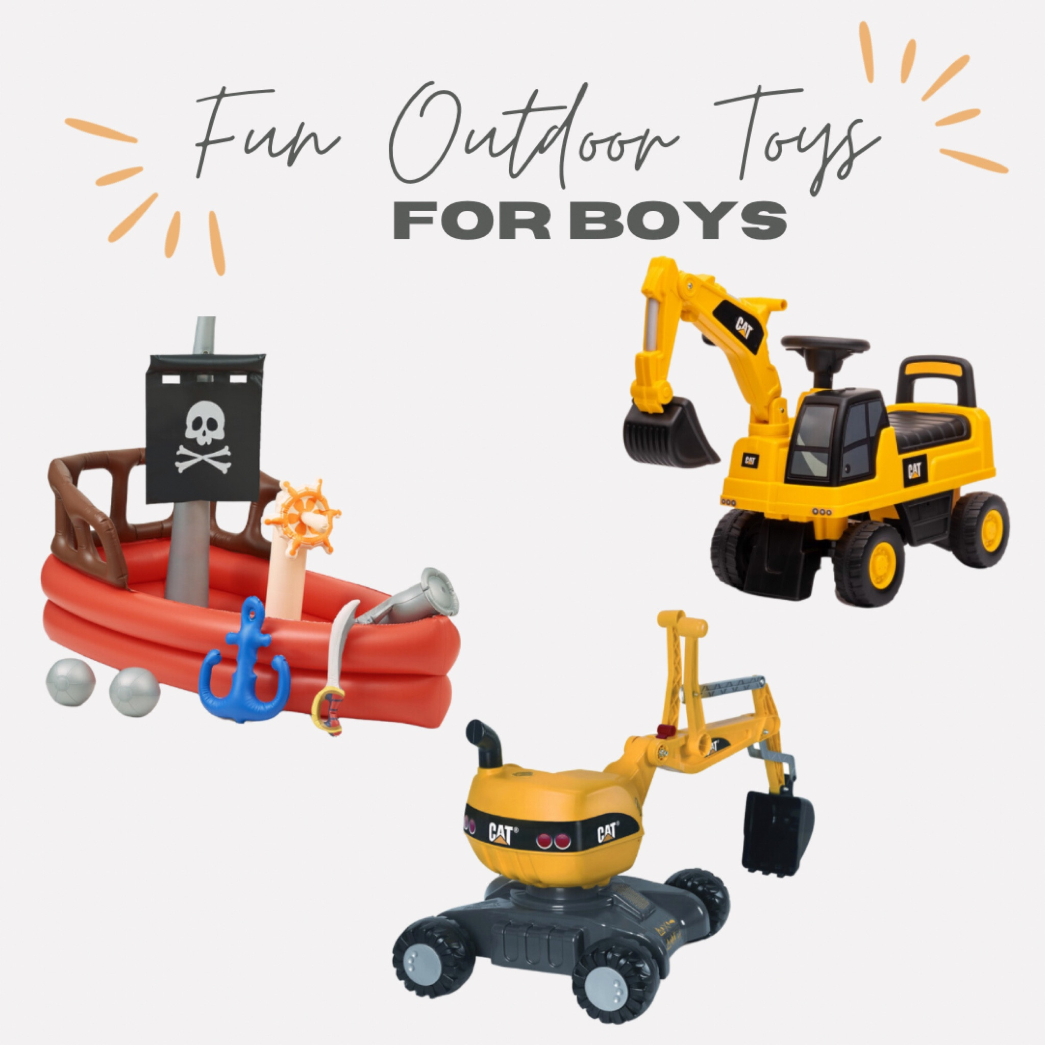 Fun summer toys for boys. 

These are some super fun outdoor toys for boys (or girls) for this summer! Kids love ride on toys and water inflatables are always a hit on those super hot days! #summer #kidsoutdoortoys #summertoys #outdoorfun 

#LTKkids