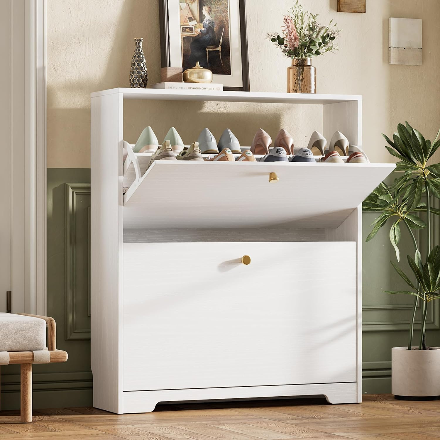 Shoe Cabinet with 2 Flip Drawers, Narrow Shoe Organizer Cabinet, Freestanding Shoe Rack Cabinet, Modern Shoe Storage Cabinet for Entryway, Hallway, Foyer, White | Amazon (US)