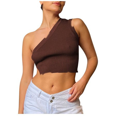 RQYYD Women One Shoulder Knitted Crop Tank Top Sleeveless Backless Slim Fit Cropped Vest Cami Clubwe | Walmart (US)