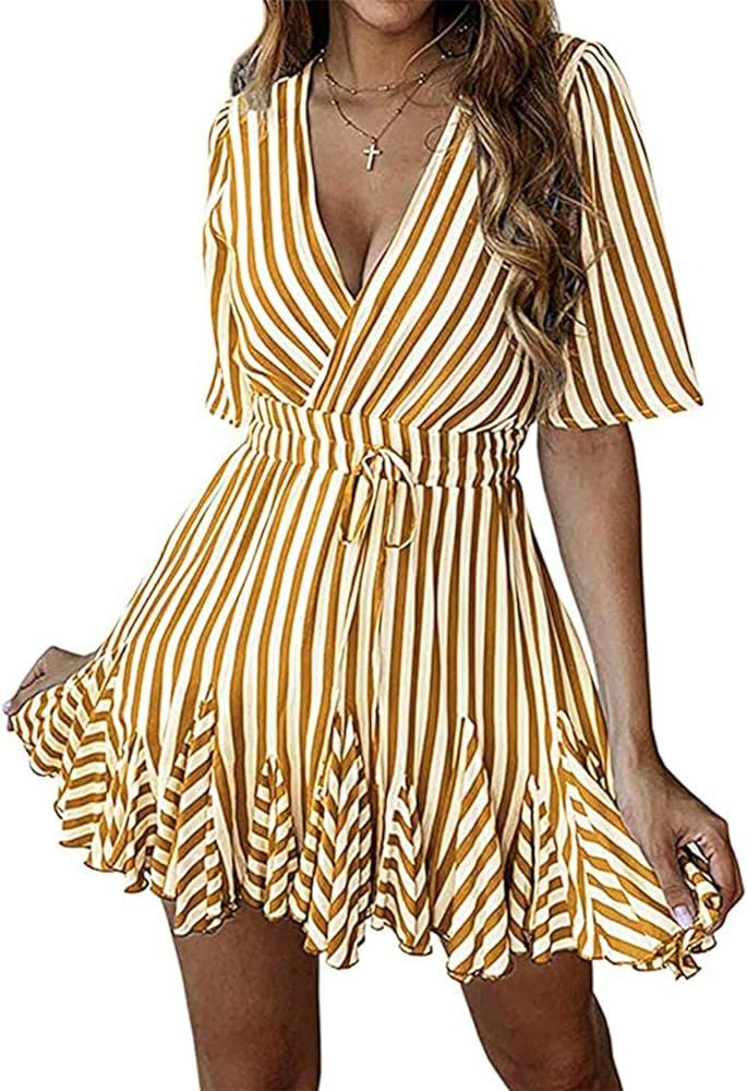 PRETTYGARDEN Women's Summer Deep V Neck Short Sleeve Striped Wrap Ruffle Hem Pleated Mini Dress | Amazon (US)