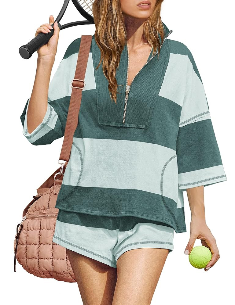 ReachMe Womens 2 Piece Workout Sets Summer Outfits Striped Matching Lounge Set Going Out Top and ... | Amazon (US)