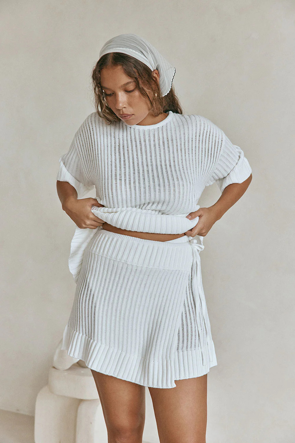 White Cosy Knit Wrap Mini Izabella Skirt | Sabo Skirt AU