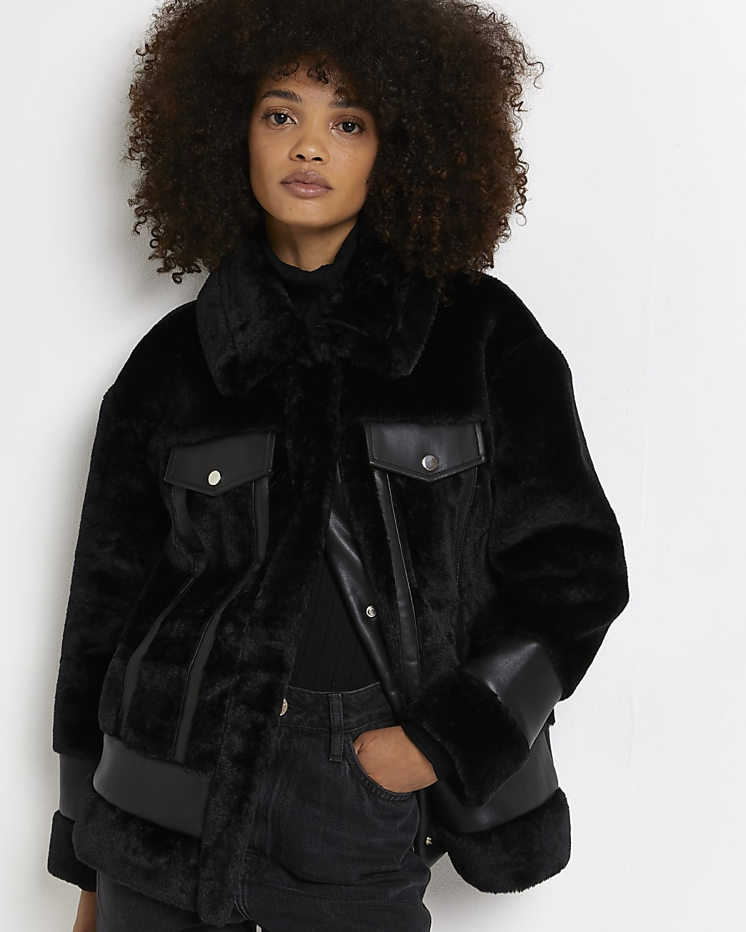 River Island Womens Black faux fur aviator coat | River Island (US)