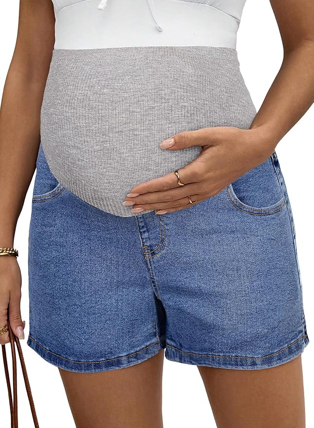 BLENCOT Women's Maternity Denim Shorts Over Belly Pregnancy Lounge Workout Jeans Short with Pocke... | Amazon (US)