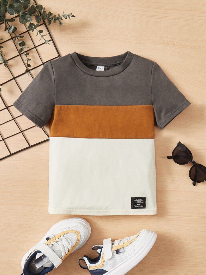 SHEIN Young Boy's Casual Comfortable Loose Fit Color Block Short Sleeve T-Shirt | SHEIN