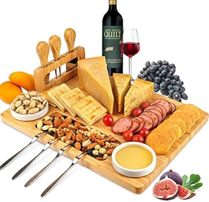 ROYAMY Bamboo Cheese Board Set with 3 Stainless Steel Knife, Meat Charcuterie Platter Serving Tra... | Amazon (US)