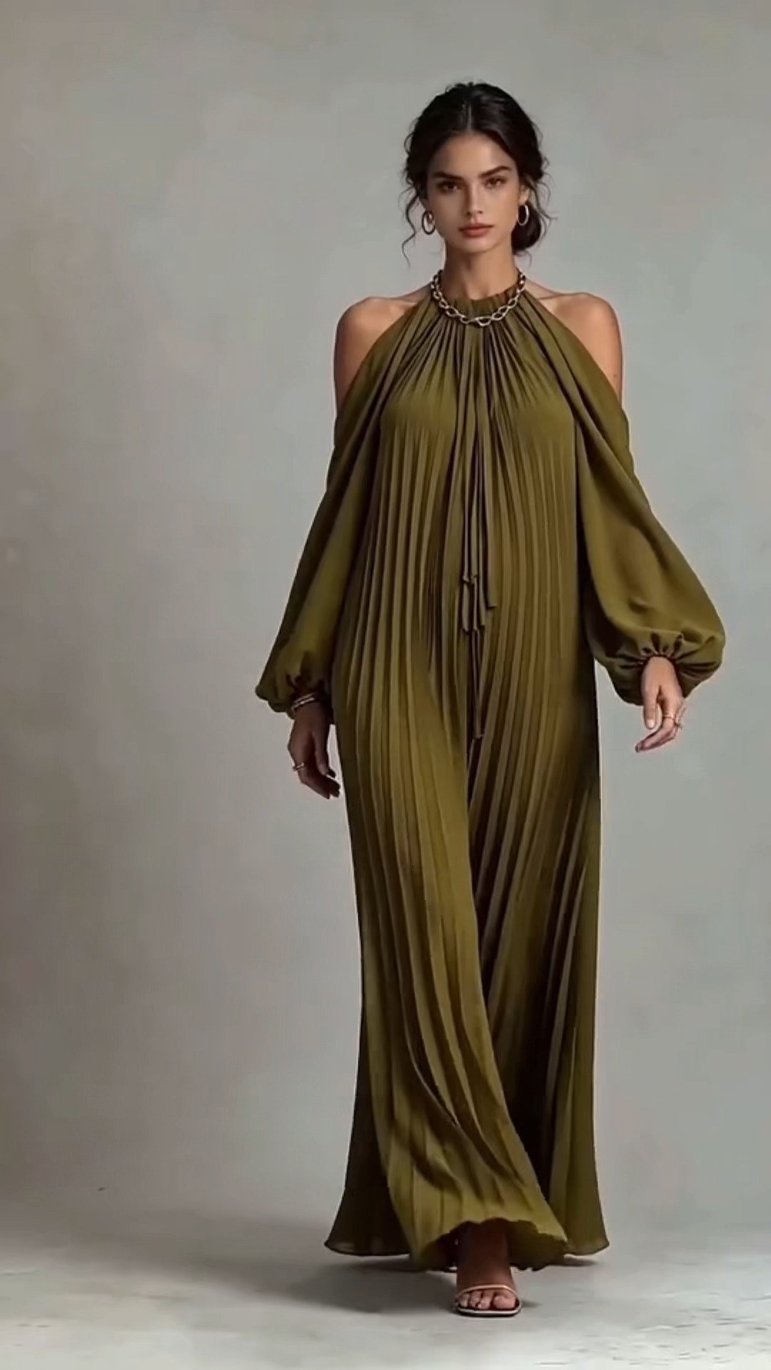 Relaxed Pleated Luxury Wedding Guest Dress
#PleatedMaxiDress #ColdShoulderGown #OldMoneyFashion #OliveGreenDress #FormalEveningOutfit  

 #LTKootd #LTKOver40 #LTKWedding