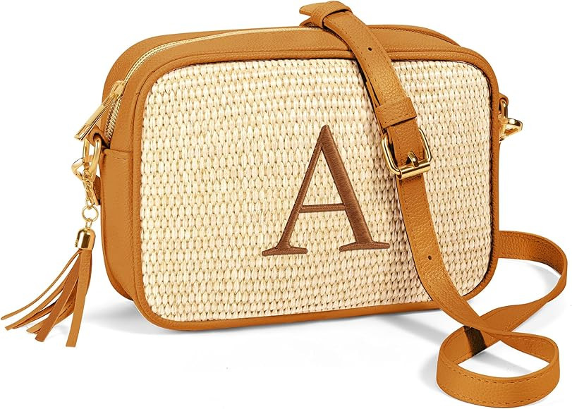 YOOLIFE Initial Crossbody Bags for Women - Crossbody Purse Straw Leather Crossbody Bag Personaliz... | Amazon (US)