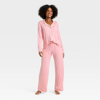 Women's Cloud Knit Modal Long Sleeve Notch Collar Top and Pants Pajama Set - Auden™ Pink M | Target