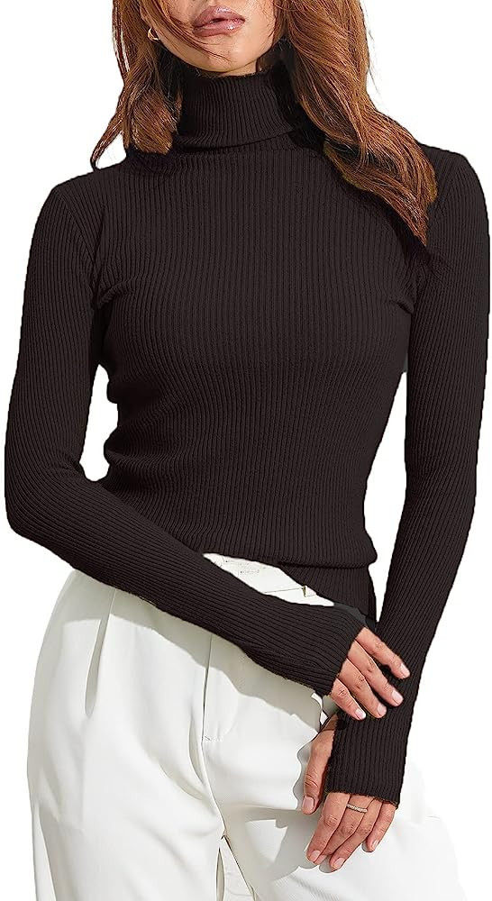 Women Turtleneck Ribbed Long Sleeve Knit Pullover Sweater Top Solid Color Stretchy Slim Fitted Ba... | Amazon (US)