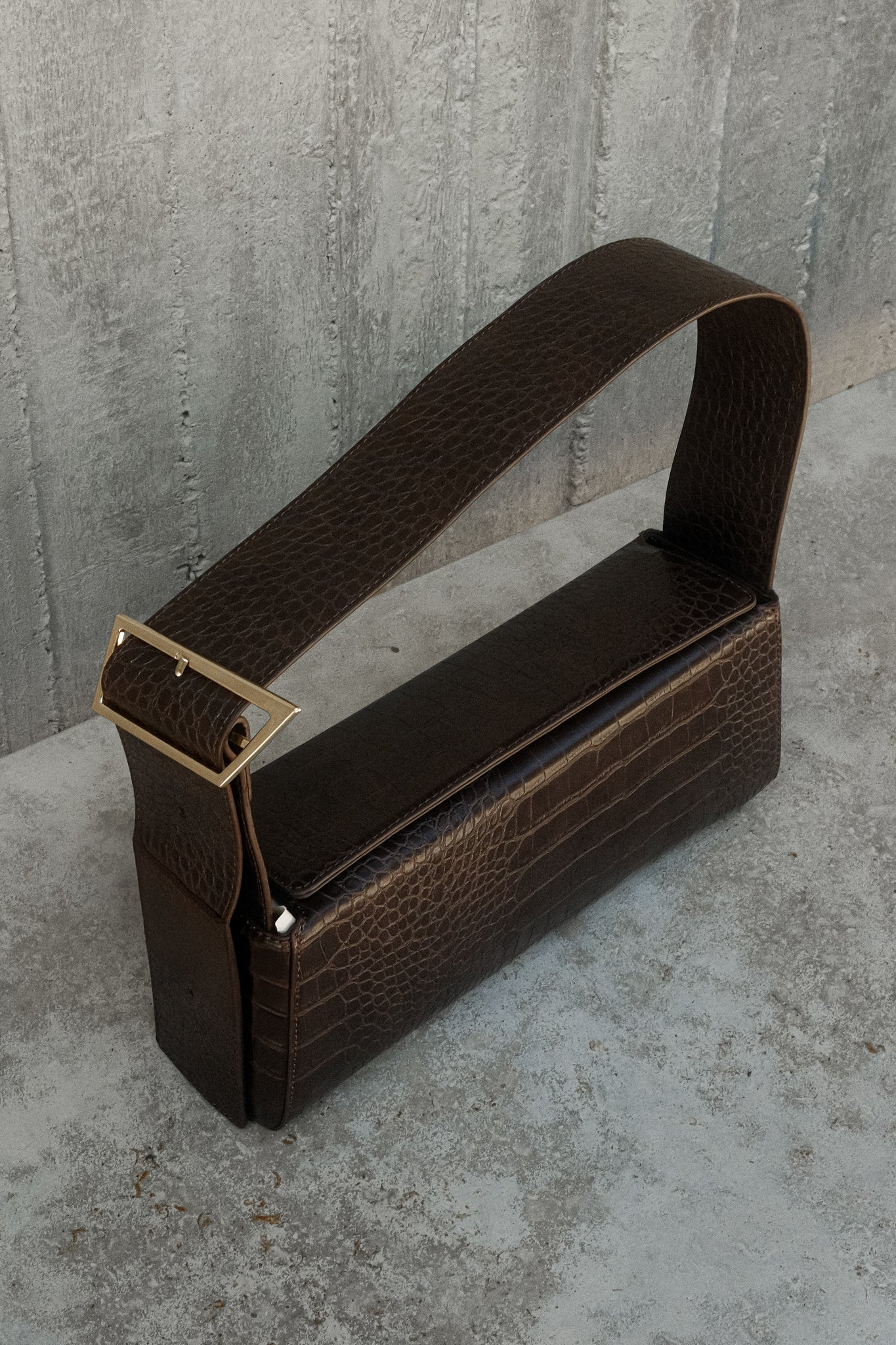 Faux Leather Crocodile Shoulder Bag - Chocolate | MESHKI US