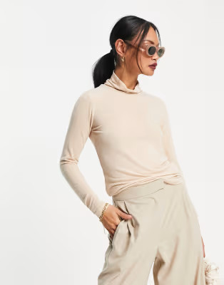 ASOS DESIGN fine knit long sleeve polo neck top in camel marl | ASOS (Global)