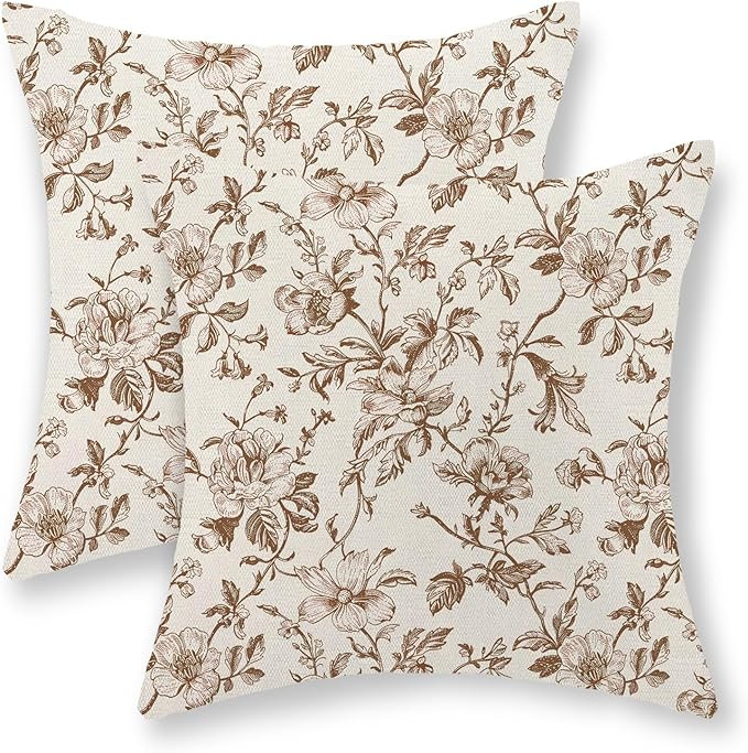 Brown Floral Pillow Covers 18x18 Set of 2 Brown and Cream Chinoiserie Floral Decorative Throw Pil... | Amazon (US)