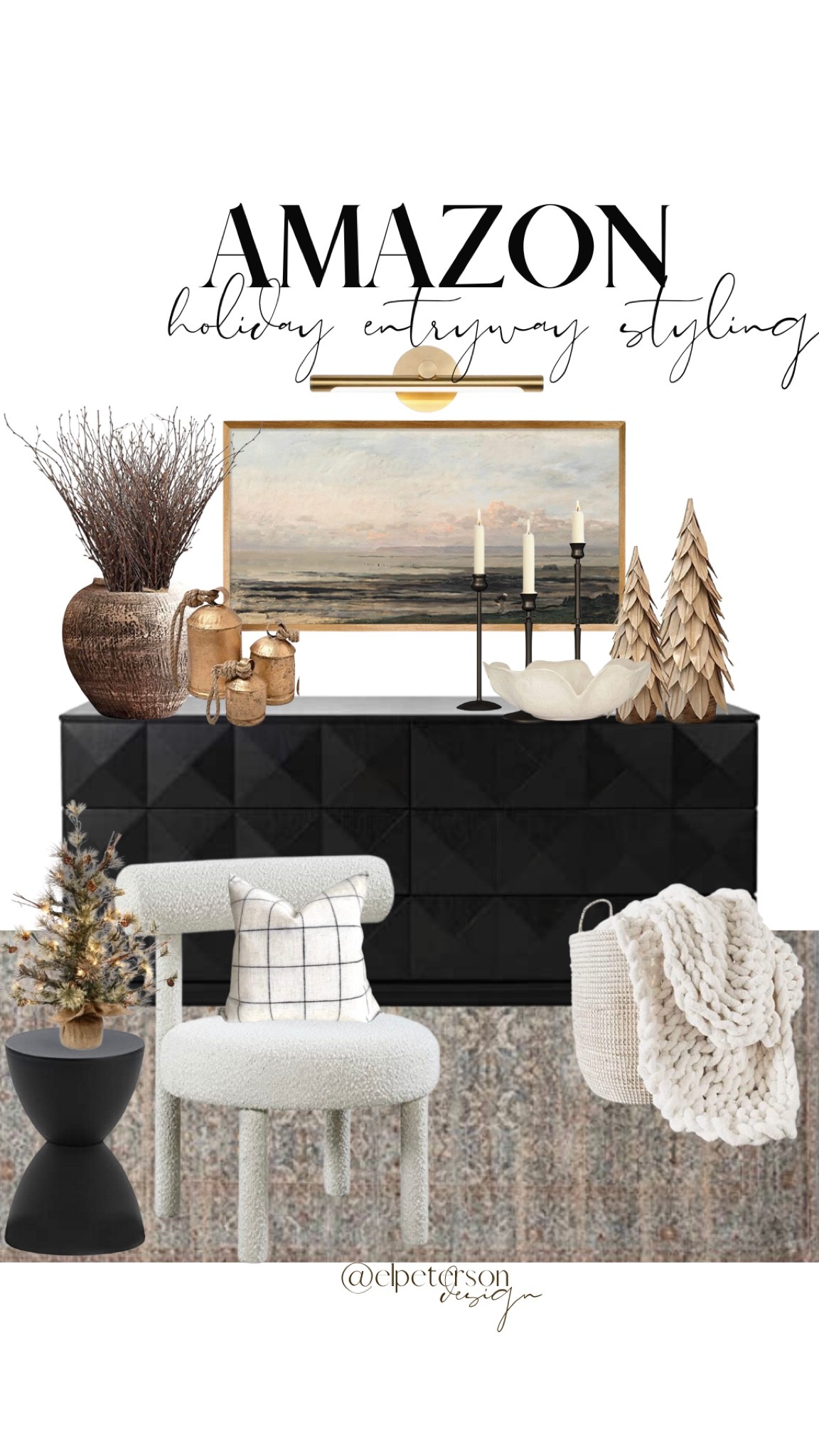 Dresser
Wall art
Painting
Picture light
Vase
Stems
Accent chair
Area rug
Knit throw
Throw pilllow
Holiday cow bells
 Candlestick holders

#LTKHoliday #LTKunder50 #LTKhome