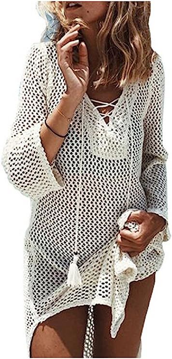 NFASHIONSO Women's Fashion Swimwear Crochet Tunic Cover Up/Beach Dress | Amazon (US)