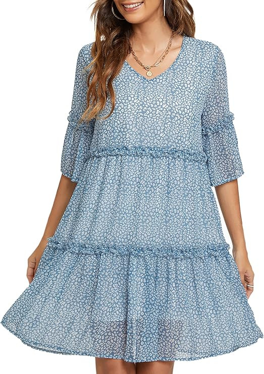 Funlingo Women's Summer Dresses Flowy Tunic Mini Dress Short Sleeve V Neck Swing Dress Casual Kne... | Amazon (US)