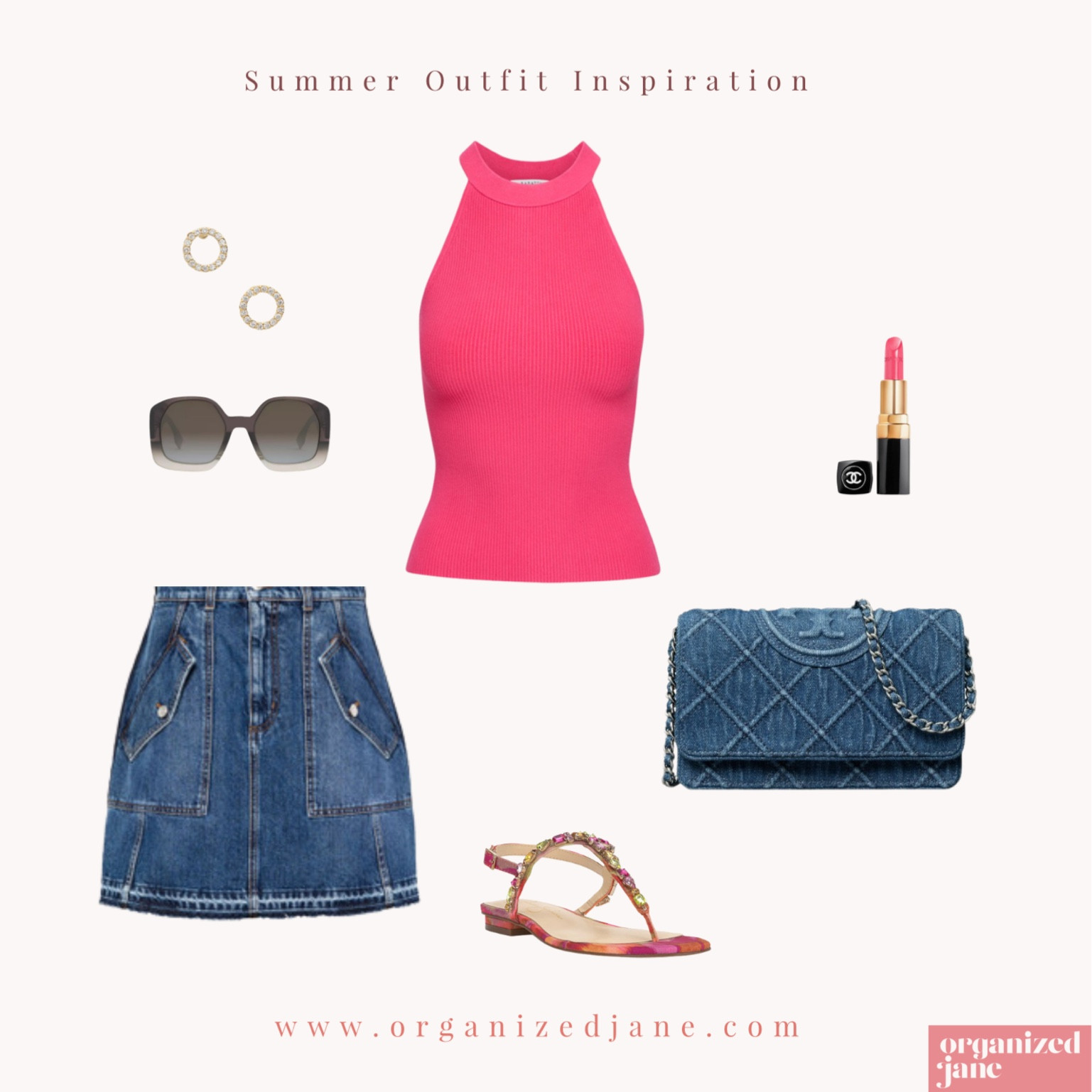 Elevate your summer style with this chic ensemble 🌸✨ Featuring a vibrant pink top, denim skirt, stylish sunglasses, gold earrings, floral sandals, a chic bag, and a touch of pink lipstick 💄👗 Perfect for sunny days and stylish outings!

#LTKSeasonal #LTKstyletip #LTKtravel