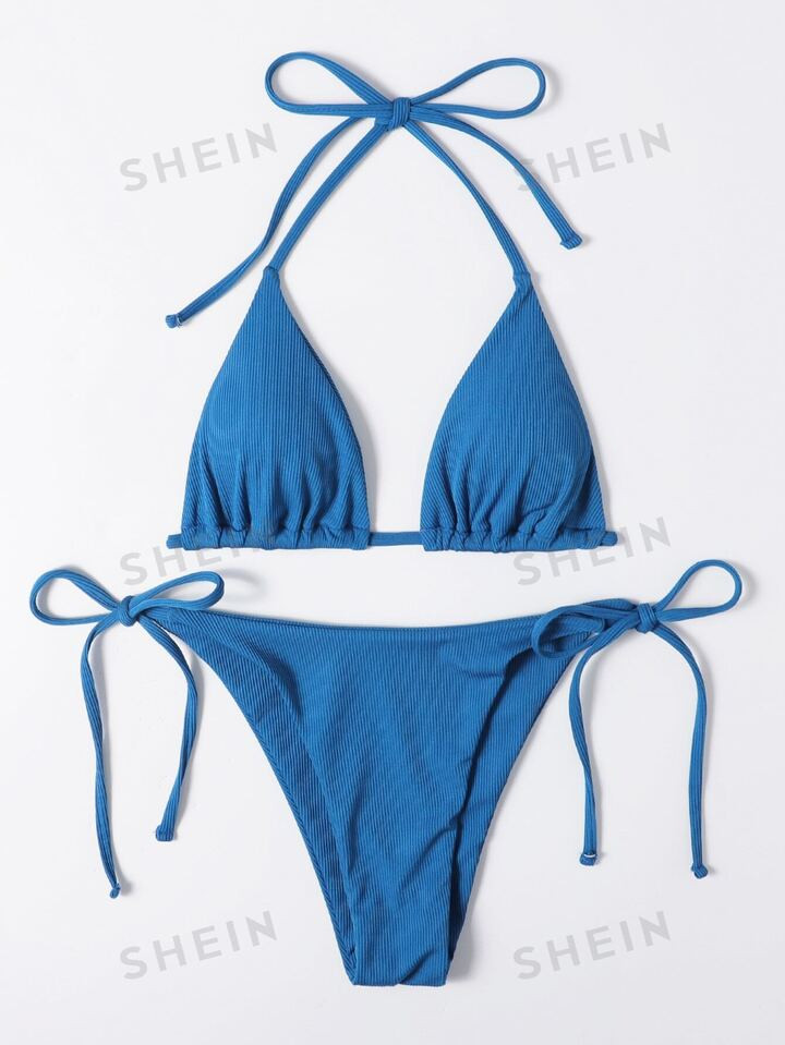 SHEIN Swim Rib Halter Triangle Tie Side Bikini Swimsuit | SHEIN