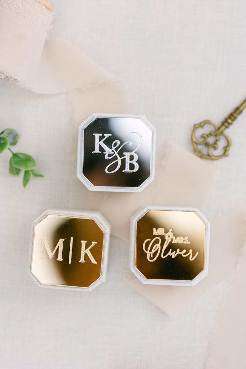 Engraved Gold Mirror Triple Slot Linen Ring Box Wedding Ring Box Engagement Ring Box Triple Slot ... | Etsy (US)