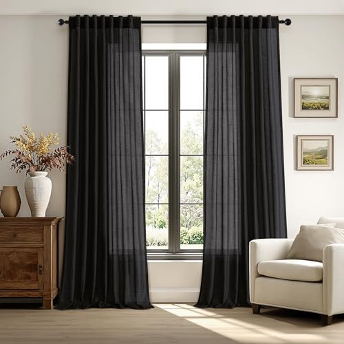 ANRODUO Black Semi Sheer Linen Curatins 84 inches Long Back Tab Light Filtering Flax Linen Textured Curtains Modern Farmhouse Coastal Decor for Bedroom Living Room 84 inch Length 2 Panels Set | Amazon (US)