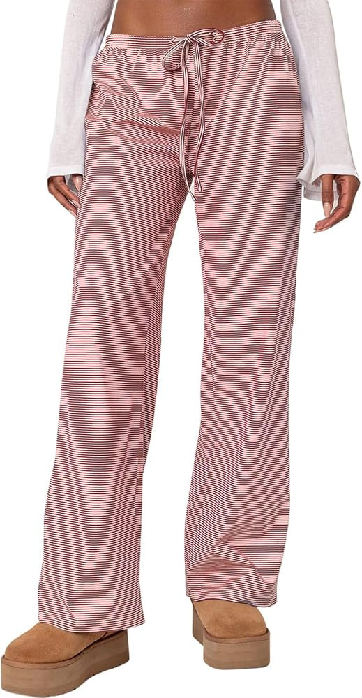 Ugerlov Women's Wide Leg Striped Pants Casual Drawstring Elastic Low Rise Pajama Pants Lounge Wea... | Amazon (US)