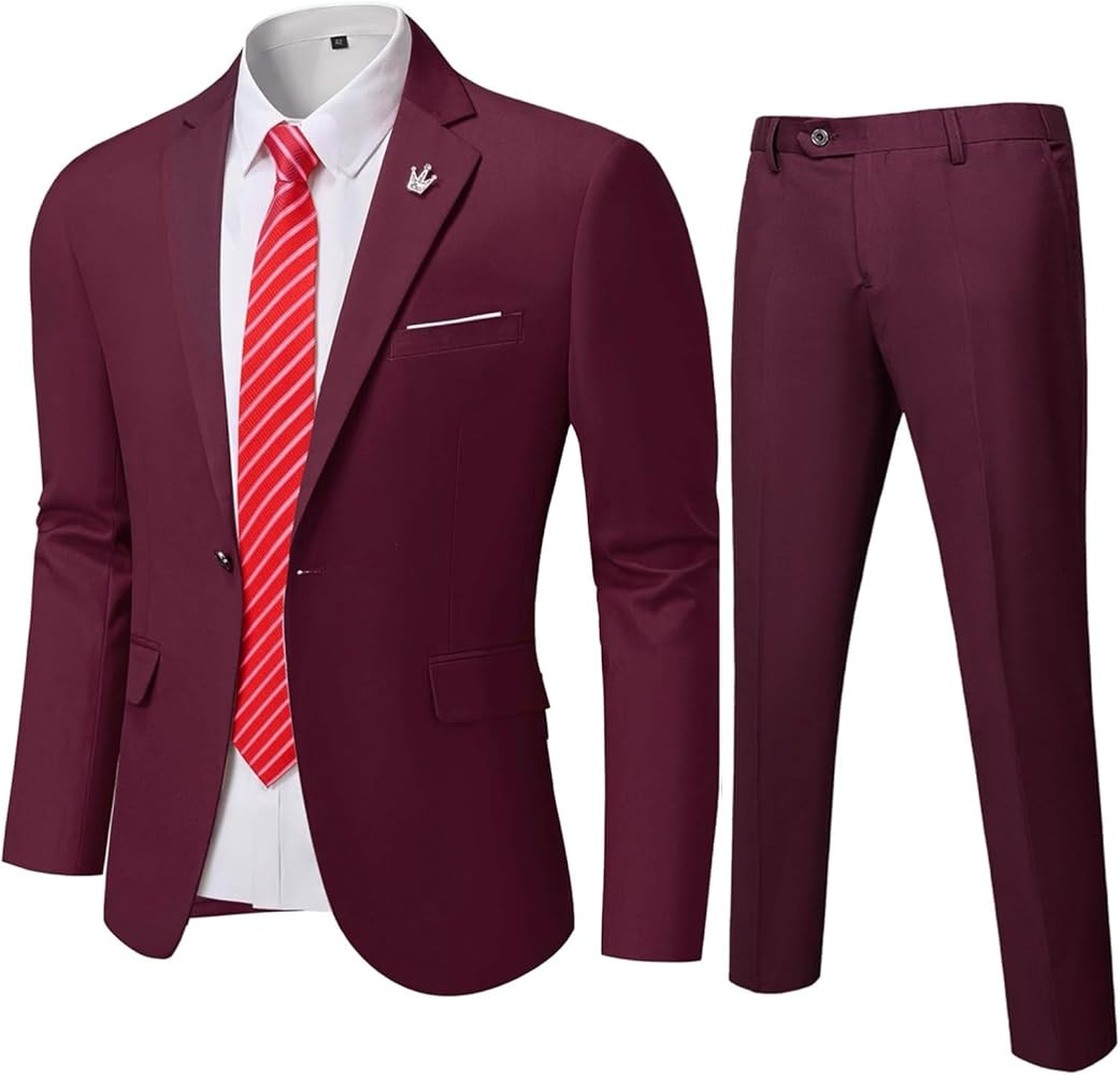 YND Men's Slim Fit 2 Piece Suit, One Button Solid Jacket Pants Set with Tie | Amazon (US)
