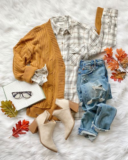 Casual fall outfit. Cozy fall outfit. Plaid flannel. Ripped jeans. Amazon fashion cardigan. #ltksale 

Abercrombie flannel is the best! Similar colors linked 

#LTKsalealert #LTKSeasonal
