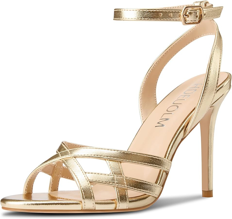 HDEUOLM Womens Stiletto High Heel Round Toe Strappy Sandals Slingback Ankle Strap Wedding Dress 3... | Amazon (US)