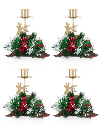 Romadedi Candle Holders Christmas Decor - Gold Reindeer Candlestick Red Berry Decoration for Taper Table Centerpiece Festive Ornaments Mantel Home, Set of 4 | Amazon (US)