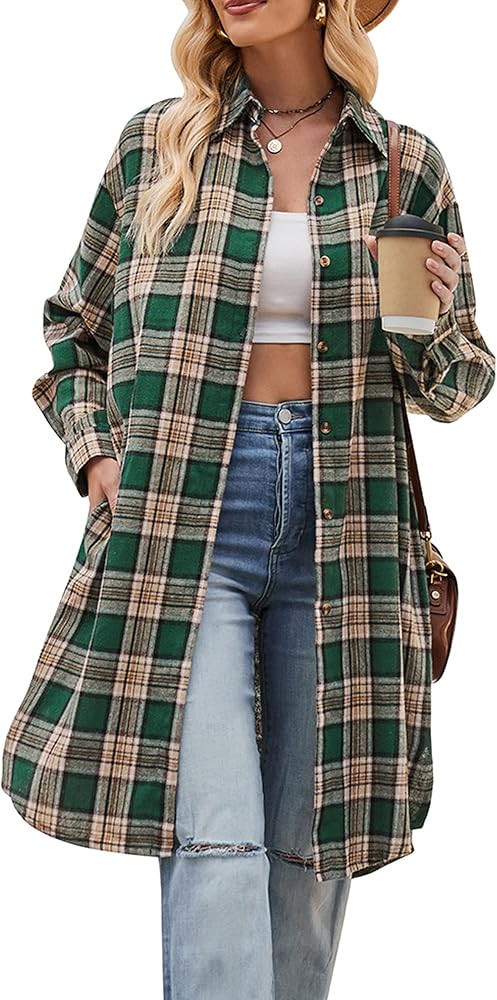 Bozanly Oversized Mid Long Plaid Flannel Shirts for Women Lapel Long Sleeve Check Blouse with Poc... | Amazon (US)