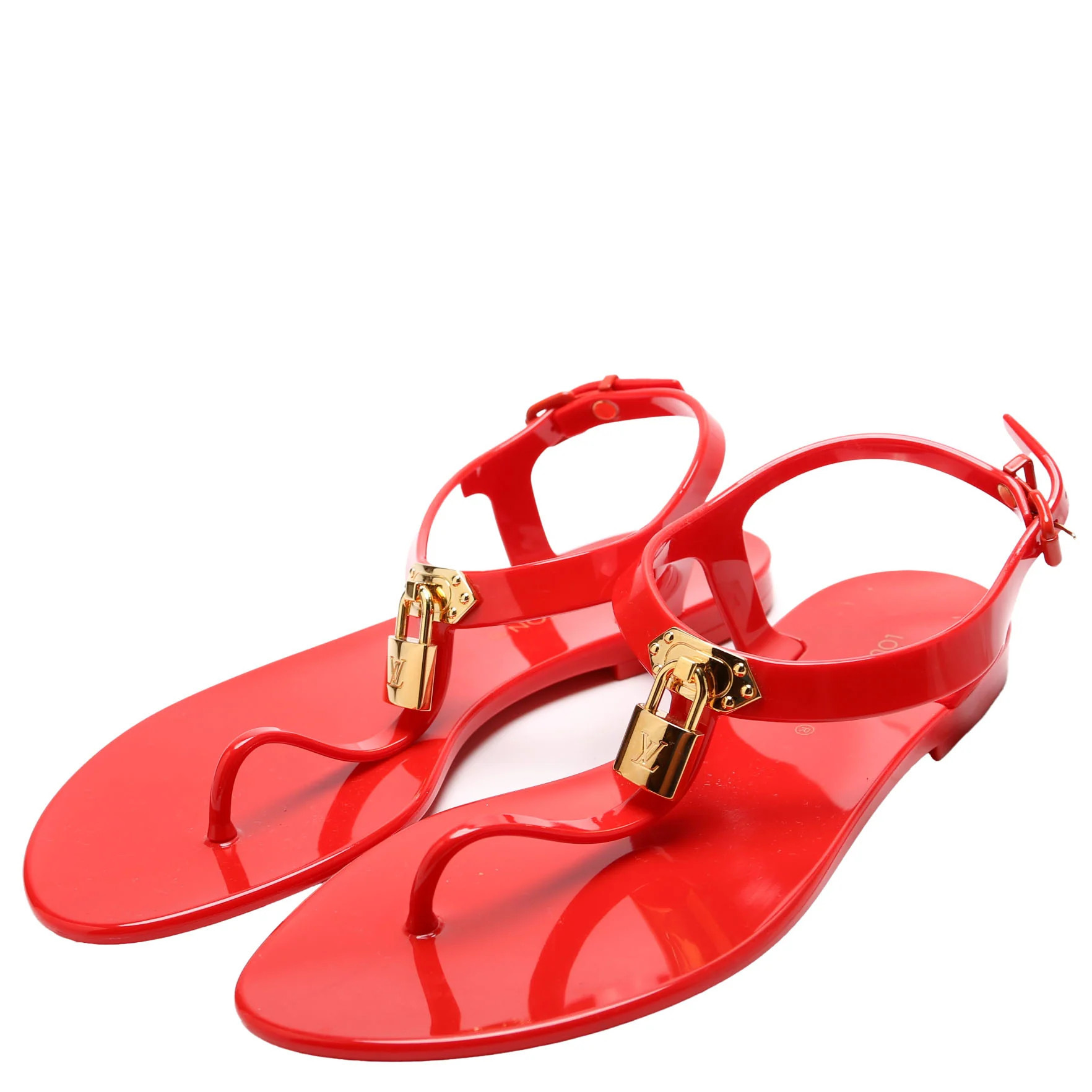 Bikini T-Strap Rubber Flat Sandals Size 38 Red | Keeks Designer Handbags
