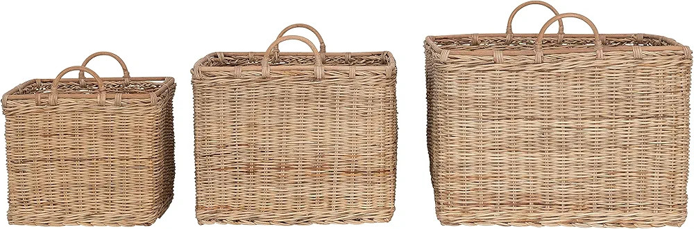 Creative Co-Op Various Square Rattan Baskets with Handles, Natural, Set of 3 | Amazon (US)