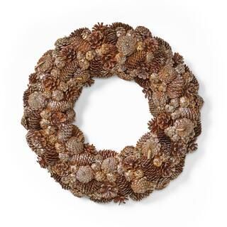 Noble House 18.5 in. Natural Brown and Champagne Glitter Unlit Artificial Christmas Wreath with P... | The Home Depot