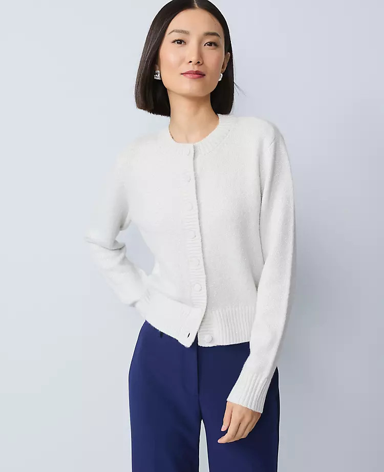 Shimmer Crew Neck Cardigan | Ann Taylor