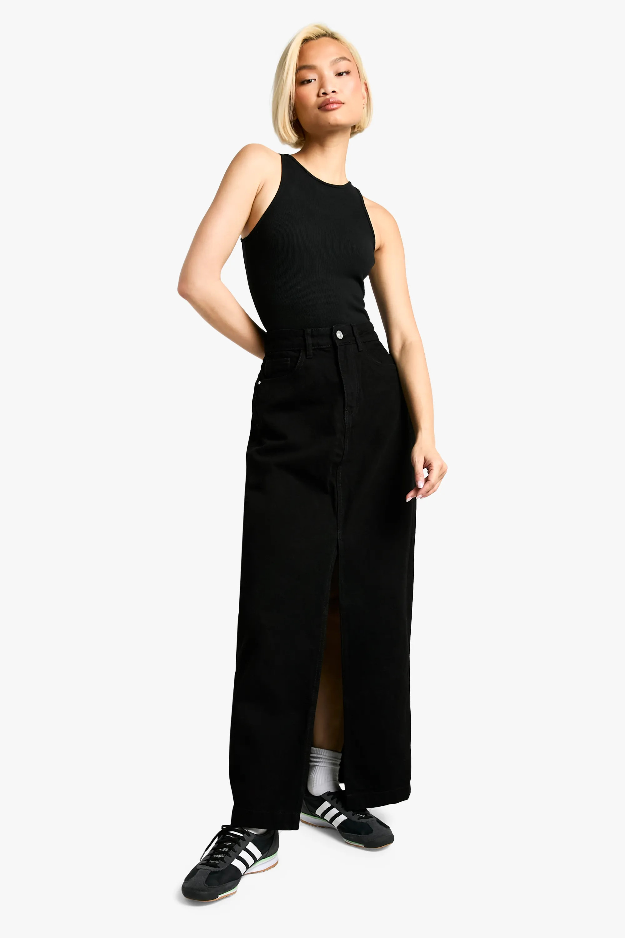 Basic Split Front Denim Maxi Skirt | Boohoo.com (UK & IE)