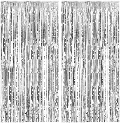 2 Pack Foil Curtain Backdrop Silver Metallic Tinsel Foil Fringe Curtains Photo Booth Props for Bi... | Amazon (US)