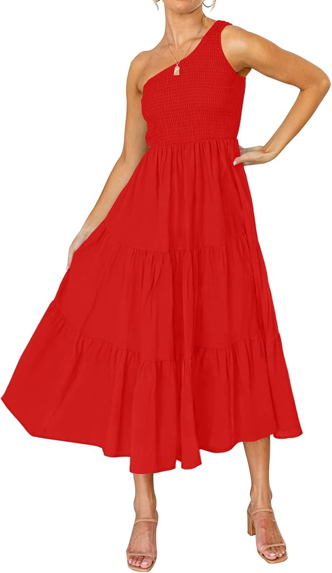 ZESICA Women's 2026 Bohemian Summer Floral Print One Shoulder Sleeveless Smocked Ruffle Tiered Be... | Amazon (US)