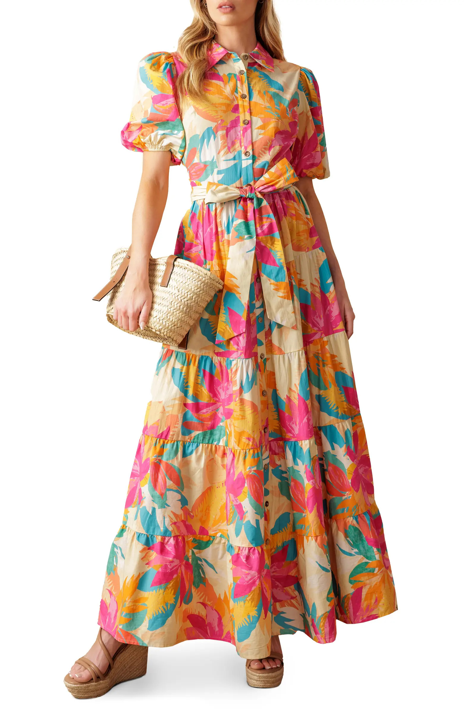 FLYING TOMATO Floral Short Sleeve Maxi Shirtdress | Nordstromrack | Nordstrom Rack