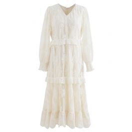 Breezy Embroidered V-Neck Mesh Midi Dress in Cream | Chicwish